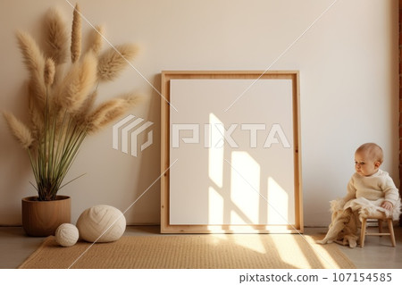 Style realistic photo of a baby sitting next to a plain white photo frame. Generative AI 107154585