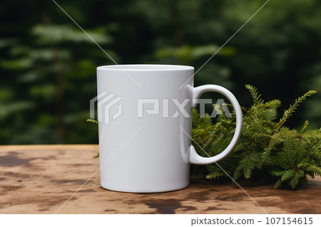 Mockup for c-handle blank mug: on a table clean background with greenery. Generative AI Mockup for c-handle blank mug: on a table clean background with greenery. Generative AI 107154615