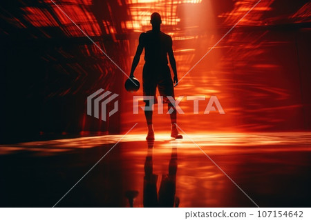 Low shutter glitch silhouette basketball ball bouncing, minimalist. Generative AI 107154642