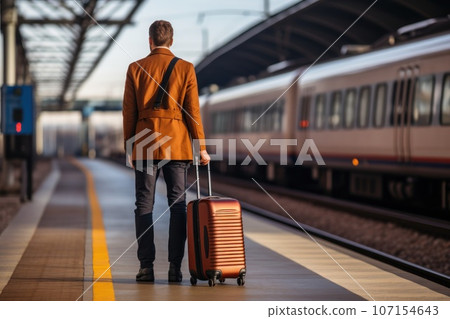 Man in suit holding luggage at train. Generative AI 107154643