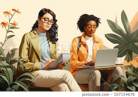 Group women sitting at a table working on their laptop in elegant illustration style. Generative AI 107154676
