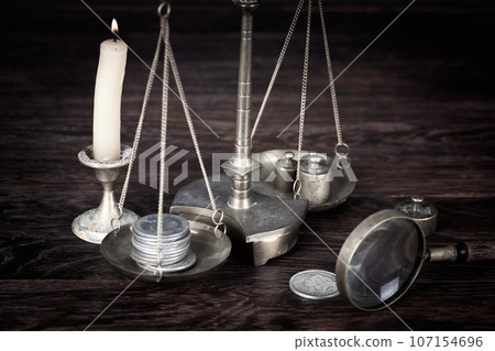 Retro weighing scale with silver dollar coin 107154696