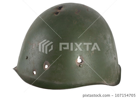 Russian invasion in Ukraine 2022. Equipping mobilized - WW2 type russian army helmet with bullet holes. Russian invasion in Ukraine 2022. Equipping mobilized - WW2 type russian army helmet with bullet holes. 107154705