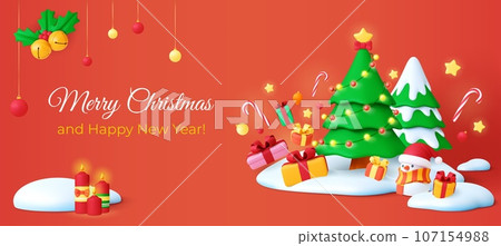 Christmas 3d background. Snow hills and fir tree, xmas gifts and decorations. Celebrating new year banner, realistic render pithy vector poster Christmas 3d background. Snow hills and fir tree, xmas gifts and decorations. Celebrating new year banner, realistic render pithy vector poster 107154988
