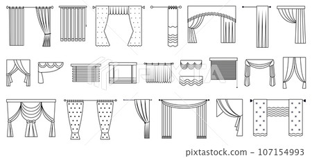 Line curtains for door, window or stage. Windows decorations, outline blinds and curtain. Various fabric interior design, indoor decent vector elements 107154993