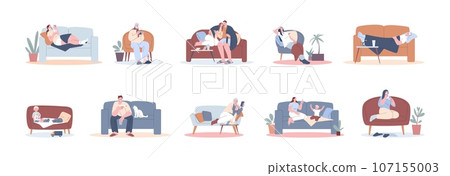 Sick flu and recovery people. Adults and kids on couch and chairs with cold at home. Patients, headache and high temperature, kicky vector set 107155003