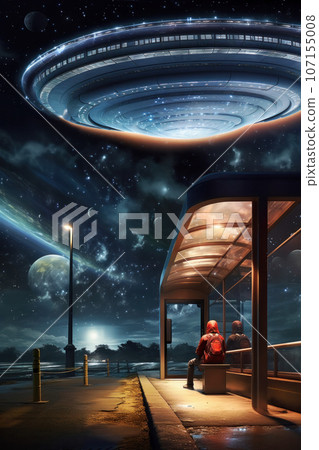 A man waits at a bus stop, juxtaposed against the bizarre sight of a UFO 107155008
