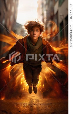 Young teenage boy taking flight from a city street in burst of fire 107155027