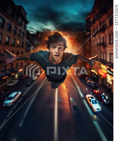 Teenage boy soaring above a modern city street 107155028