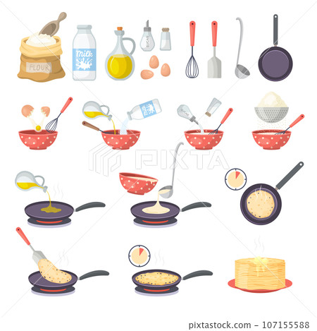 Pancakes. Cooking stages for preparing pancakes recent vector illustration set Pancakes. Cooking stages for preparing pancakes recent vector illustration set 107155588