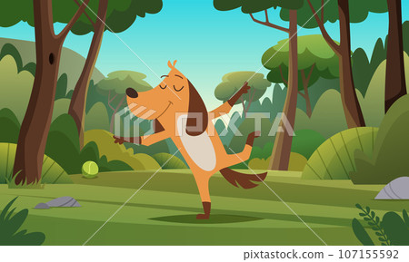 Sport dog. Funny animal making yoga exercises exact vector fitness dog in action poses 107155592