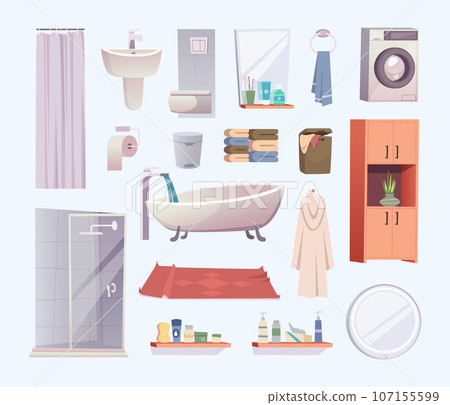 Shower items. Tools collection for bathroom interior exact vector hygiene equipment in cartoon style Shower items. Tools collection for bathroom interior exact vector hygiene equipment in cartoon style 107155599