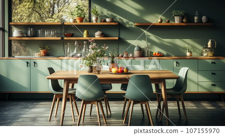 Interior of modern classic kitchen. Wooden dining table and chairs, green furniture, flowers and fruits, crockery on the shelves, large window. Contemporary home design. 3D rendering. Interior of modern classic kitchen. Wooden dining table and chairs, green furniture, flowers and fruits, crockery on the shelves, large window. Contemporary home design. 3D rendering. 107155970