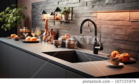 Fragment of modern minimalist luxury kitchen. Gray countertop with built-in sink and black faucet. Stone textured backsplash, various crockery. Contemporary interior design. 3D rendering. 107155979