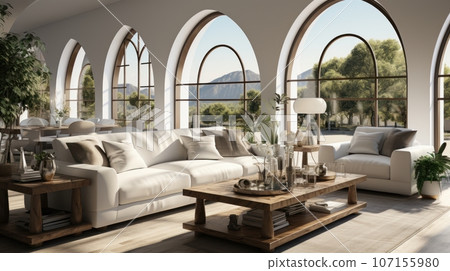 Interior of elegant modern living room in luxury villa. Stylish cushioned furniture, wooden coffee table, houseplants, arch windows overlooking beautiful landscape. Hollywood glamor in home design. 107155980