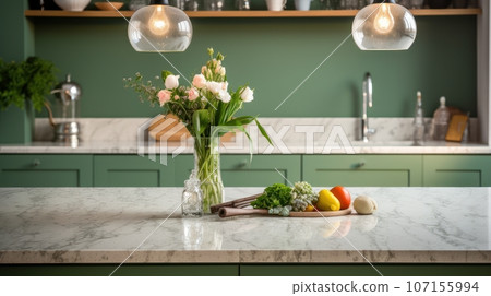 Interior of modern classic green kitchen with stunning light. Marble countertop and backsplash, flowers in a vase, fresh fruits, various crockery, vintage pendant lamps. Contemporary home design. 107155994