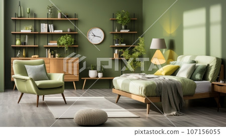 Interior of modern cozy scandi living room in green tones. Stylish couch and armchair, commode, bookshelves, houseplants. Contemporary home design. 3D rendering. Interior of modern cozy scandi living room in green tones. Stylish couch and armchair, commode, bookshelves, houseplants. Contemporary home design. 3D rendering. 107156055