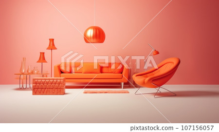 Stylish monochrome interior of modern living room in pastel orange and pink tones. Trendy couch and armchair, floor lamps, coffee table, pendant lamp. Creative home design. Mockup, 3D rendering. Stylish monochrome interior of modern living room in pastel orange and pink tones. Trendy couch and armchair, floor lamps, coffee table, pendant lamp. Creative home design. Mockup, 3D rendering. 107156057