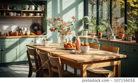 Interior of modern classic kitchen. Wooden dining table and chairs, green furniture, flowers and fruits, crockery on the shelves, large window. Contemporary home design. 3D rendering. Interior of modern classic kitchen. Wooden dining table and chairs, green furniture, flowers and fruits, crockery on the shelves, large window. Contemporary home design. 3D rendering. 107156058
