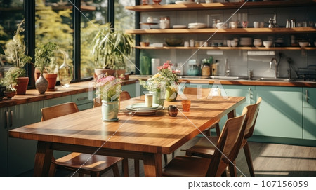 Interior of modern classic kitchen. Wooden dining table and chairs, green furniture, flowers and fruits, crockery on the shelves, large window. Contemporary home design. 3D rendering. 107156059