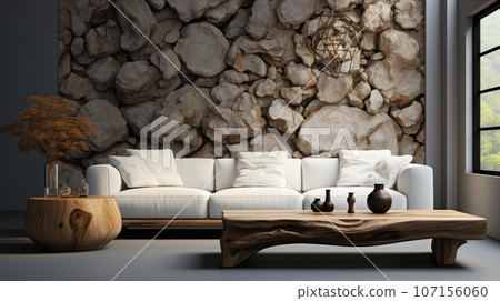 Interior of modern cozy living room with rustic decor in luxury villa. Stylish sofa, rough wooden coffee table, vases and jugs, decorative stone wall, panoramic window. Eco home design. 3D rendering. Interior of modern cozy living room with rustic decor in luxury villa. Stylish sofa, rough wooden coffee table, vases and jugs, decorative stone wall, panoramic window. Eco home design. 3D rendering. 107156060