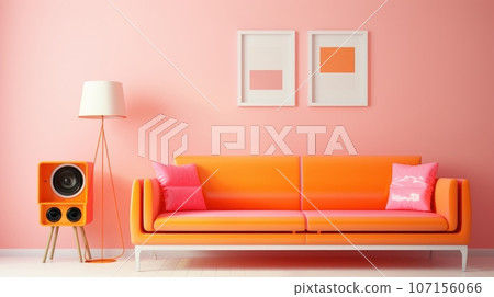Stylish monochrome interior of modern living room in pastel orange and pink tones. Trendy couch, floor lamp, poster templates. Creative home design. Mockup, 3D rendering. 107156066