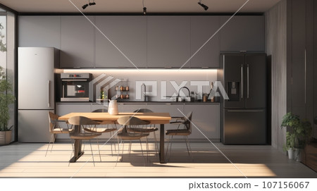 Modern minimalist kitchen interior. Gray flat facades, stone countertop, built-in home appliances, big fridge, work surface lighting. Dining area. Contemporary home design. 3D rendering. 107156067