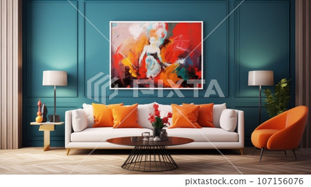 Interior of elegant modern colorful living room. Stylish sofa with cushions, armchair, trendy coffee table, large painting on the wall, floor lamps. Contemporary home design. 3D rendering. 107156076