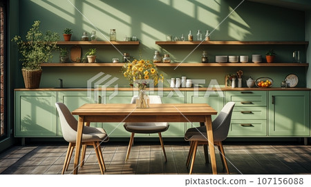 Interior of modern classic kitchen. Wooden dining table and chairs, green furniture, flowers and fruits, crockery on the shelves, large window. Contemporary home design. 3D rendering. 107156088