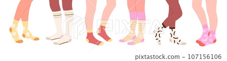 Legs wear socks, feet wearing color sock. Fabric foot accessory, cotton and decorative. Trendy female cozy clothes elements, fashion racy vector set 107156106