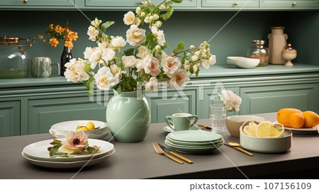Fragment of modern classic kitchen. Green facades, wooden dining table, flowers in vases, fresh fruits, table setting. Contemporary home design. 3D rendering. Fragment of modern classic kitchen. Green facades, wooden dining table, flowers in vases, fresh fruits, table setting. Contemporary home design. 3D rendering. 107156109