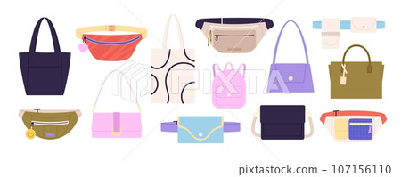 Modern fashion hand bag and purse. Flat models bags, women leather and fabric accessories. Lady handbag and shopper pack, stylish racy vector collection Modern fashion hand bag and purse. Flat models bags, women leather and fabric accessories. Lady handbag and shopper pack, stylish racy vector collection 107156110