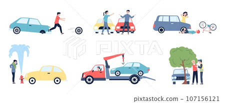 Road accidents, car accident and danger on roads. Damage transport, traffic help. Vehicle wreck, flat insurance ocasion recent vector scenes Road accidents, car accident and danger on roads. Damage transport, traffic help. Vehicle wreck, flat insurance ocasion recent vector scenes 107156121