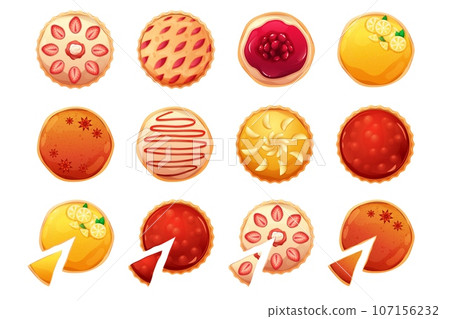 Pies top view. Circle whole pie and cake slices with cranberry strawberry lemon, tart above plate fruit berry toppings, holiday thanksgiving cheesecake garish vector illustration Pies top view. Circle whole pie and cake slices with cranberry strawberry lemon, tart above plate fruit berry toppings, holiday thanksgiving cheesecake garish vector illustration 107156232