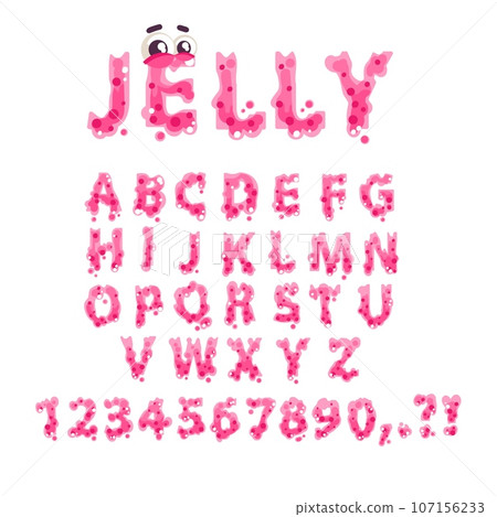 Pink slime font. Gum alphabet, dripping melted letters cartoon bubblegum kid typography, sweet jelly drip drop liquid sticky text type number and letter, classy vector illustration Pink slime font. Gum alphabet, dripping melted letters cartoon bubblegum kid typography, sweet jelly drip drop liquid sticky text type number and letter, classy vector illustration 107156233