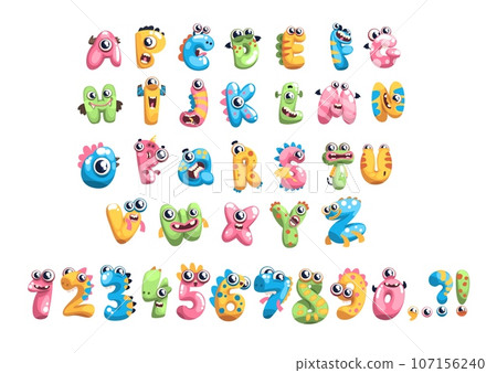 Monsters alphabet. Monster font type crazy fantastic creatures lettering cheerful letter with screaming eyes funny children handlettering english letters classy vector illustration Monsters alphabet. Monster font type crazy fantastic creatures lettering cheerful letter with screaming eyes funny children handlettering english letters classy vector illustration 107156240