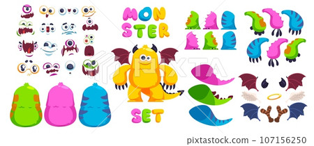 Monster creation. Monsters constructor for create animation of cute creature characters construction, funny mascot body parts arm combination, avatar kit classy vector illustration 107156250