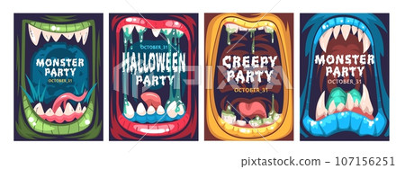 Monster mouths posters. Crazy monsters open mouth typography flyer frame for halloween night party banner, scary creature animal teeth and tongue, horror classy vector illustration 107156251