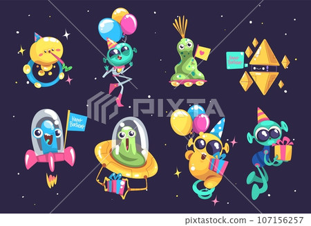 Aliens space party. Alien monster kid characters in extraterrestrial spaceship, cute ufo cool little silly crazy creatures child birthday on outer spaces classy vector illustration Aliens space party. Alien monster kid characters in extraterrestrial spaceship, cute ufo cool little silly crazy creatures child birthday on outer spaces classy vector illustration 107156257