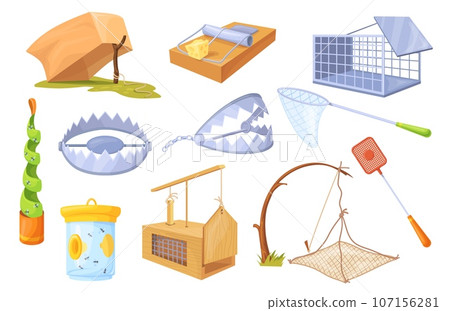 Animal traps. Isolated cruel trap for booby animals hunting in forest, metal bear trapping mousetrap pitfall with rope bird catch, dangerous game cartoon neat vector illustration Animal traps. Isolated cruel trap for booby animals hunting in forest, metal bear trapping mousetrap pitfall with rope bird catch, dangerous game cartoon neat vector illustration 107156281