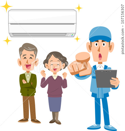Air conditioner, senior couple and male worker pointing finger Air conditioner, senior couple and male worker pointing finger 107156307