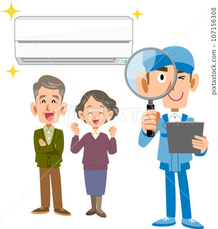 An air conditioner, a senior couple, and a male worker looking through a magnifying glass An air conditioner, a senior couple, and a male worker looking through a magnifying glass 107156308