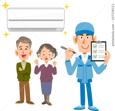Male worker explaining air conditioner, senior couple, and checkpoints 107156311