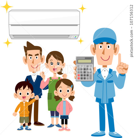A male worker with an air conditioner, family, and calculator 107156312