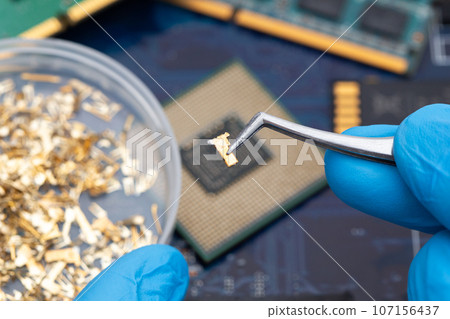 Recycling image of recovering gold (precious metals) from electronic device boards, parts, etc. Recycling image of recovering gold (precious metals) from electronic device boards, parts, etc. 107156437