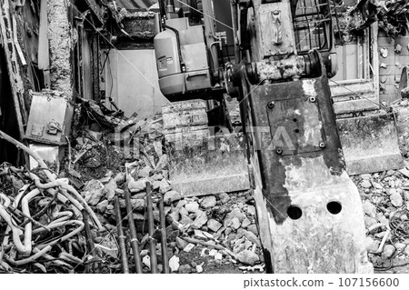 Building demolition construction site and heavy machinery A-6 High contrast monochrome Building demolition construction site and heavy machinery A-6 High contrast monochrome 107156600
