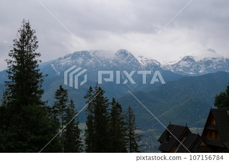 Snowy mountains, green forests In National park Zakopane Poland. Mountain nature landscape. Blue sky. Travel outdoors green tourism concept Naturecore Snowy mountains, green forests In National park Zakopane Poland. Mountain nature landscape. Blue sky. Travel outdoors green tourism concept Naturecore 107156784