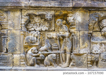 Relief on the wall of Borobudur Temple (Java, Indonesia) Relief on the wall of Borobudur Temple (Java, Indonesia) 107157090