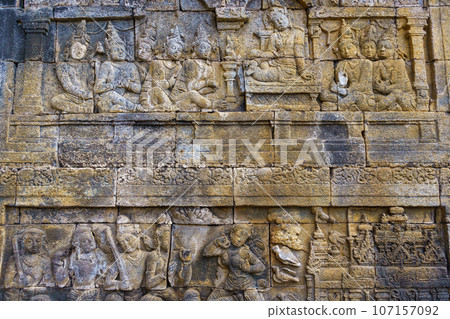 Relief on the wall of Borobudur Temple (Java, Indonesia) Relief on the wall of Borobudur Temple (Java, Indonesia) 107157092
