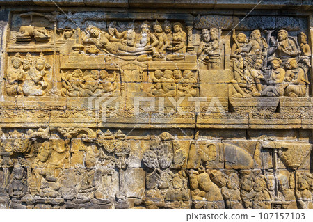 Relief on the wall of Borobudur Temple (Java, Indonesia) Relief on the wall of Borobudur Temple (Java, Indonesia) 107157103